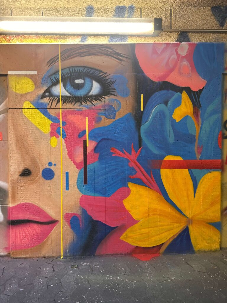 Graffiti von Graugegner: Ausschnitt eines Frauenporträts mit blauem Auge, pinken Lippen und Blüten in Blau, Gelb und Rosa.